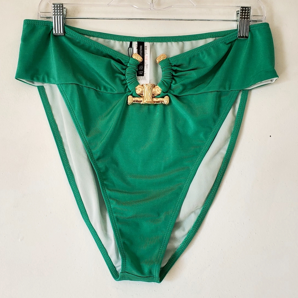 New Prettylittlethings Plus Green Bikini Bottoms Gold Detail Plus‎ Size 12 NWT